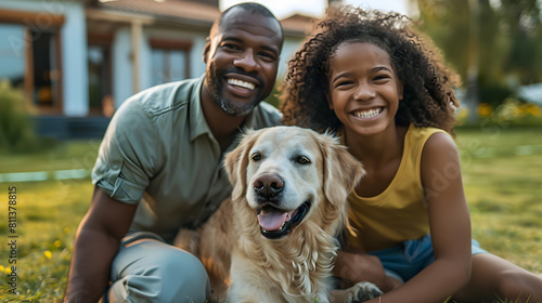 Portrait of a smiling family playing with their dog in the backyard, having fun and enjoying the sunny day. © NE97