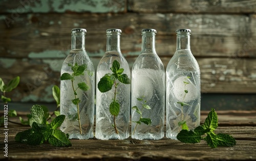 Chilled bottles of water with fresh mint leaves on rustic wooden background.