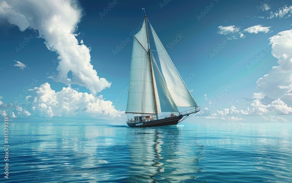 Classic sailboat racing on a clear blue sea, sails billowing gracefully.