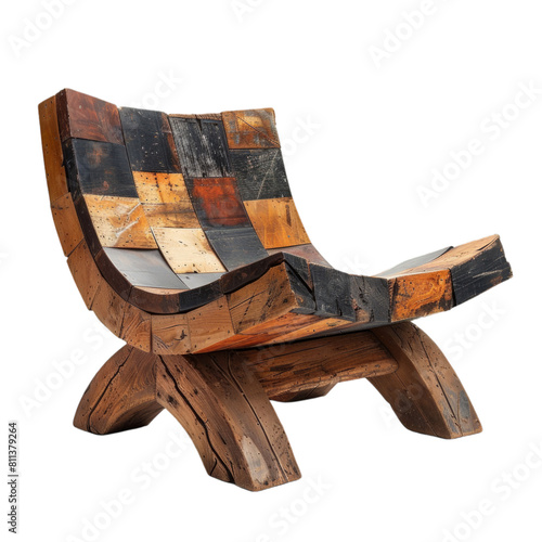 Handcrafted Wooden Mosaic Armchair on Transparent Background. Studio product photography for design and print