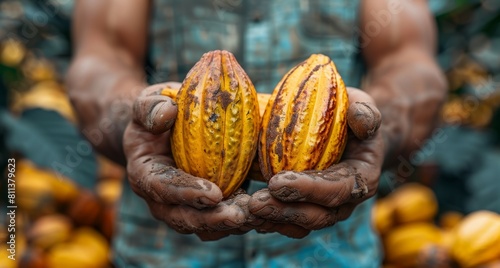 A male holds a yellow cocoa pod in front of a wall. The fruit of the yellow cocoa tree is collected. - Image