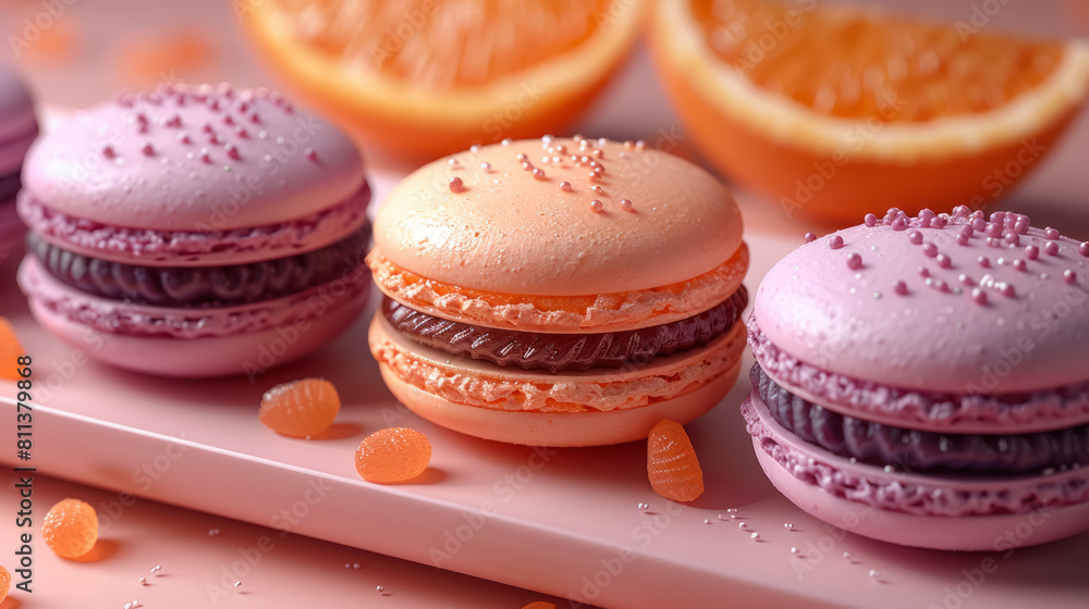 assorted colorful macarons on a pink tray with orange slices and sprinkles