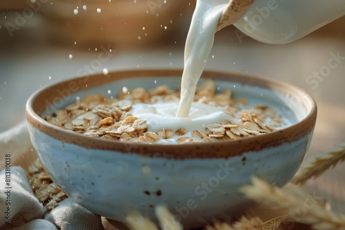 close up of milk being poured into a bowl of oats photo