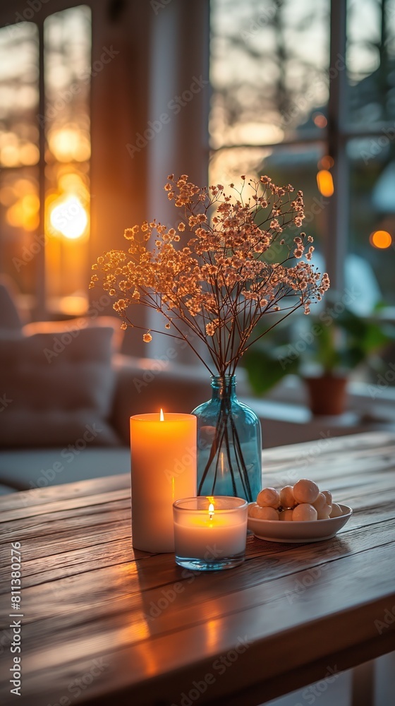 home interior welcoming vibe with candle light and wildflower vase on table, vertical 9:16 ratio background, beautiful nature , Generative Ai home interior welcoming vibe with candle light and wildflower vase on table, vertical 9:16 ratio background, beautiful nature , Generative Ai