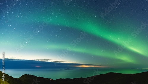 majestic sky with aurora and stars green northern lights banner with copy space