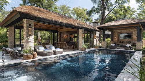outdoor poolside retreat, a backyard pool retreat featuring a cabana with lounge chairs and a straw umbrella, the perfect spot for relaxation and lounging © Aliaksandra