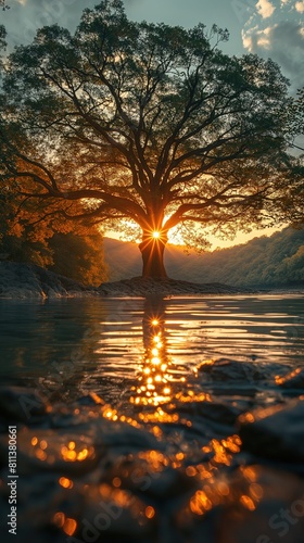 a lone tree at lake shore  vertical 9 16 ratio background  beautiful nature   Generative Ai