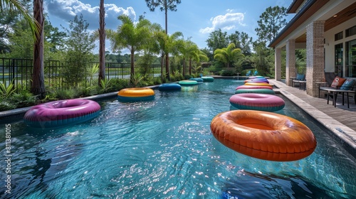 backyard oasis, familys summer paradise with clear pool and vibrant floaties is the ultimate relaxing backyard oasis photo