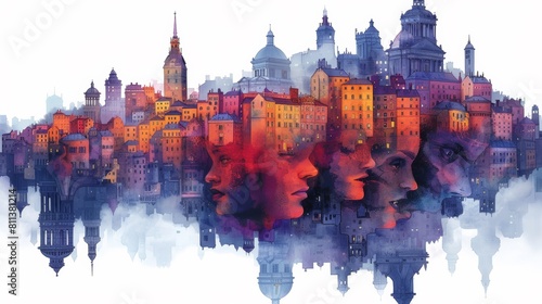 A painting of a city with three faces in it, AI