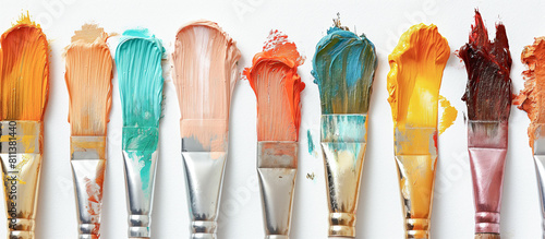 A row of paintbrushes with vibrant paint strokes on a white background, showcasing a colorful and creative display concept image