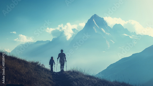 An inspiring silhouette of a family hiking together through a picturesque mountain trail, with majestic peaks towering in the distance. Dynamic and dramatic composition, with copy © Лариса Лазебная