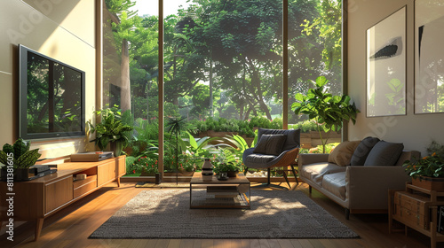 Interior of a living room with television  couch and armchair over big window and garden. domestic life  design and architecture.