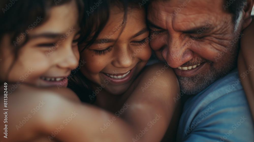 A heartwarming close-up of family members embracing in a group hug, with expressions of love and affection evident on their faces. Dynamic and dramatic composition, with copy space
