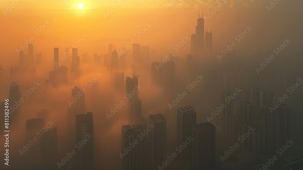 Foggy city with a sun in the background. The sun is setting and the sky is orange