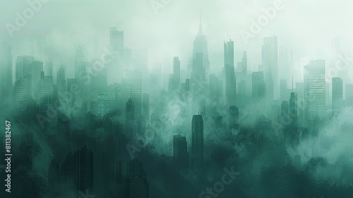 A city skyline is shown in a foggy  misty atmosphere. The buildings are tall and the sky is filled with clouds. Scene is one of mystery and uncertainty