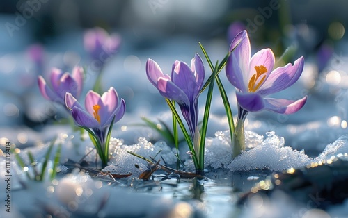 Crocus flowers emerging vibrantly from melting snow.