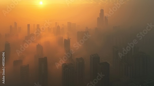 Foggy city with a sun in the background. The sun is setting and the sky is orange