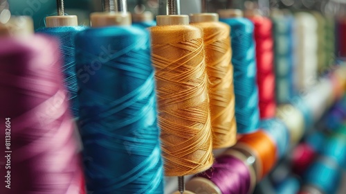 A row of colorful spools of thread are displayed. The spools are of various colors, including blue, yellow, and purple. The spools are arranged in a neat row photo