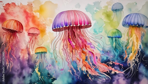 a watercolor painting of a vibrantly colored jellyfish on a diverse background adorned with splattered paint photo