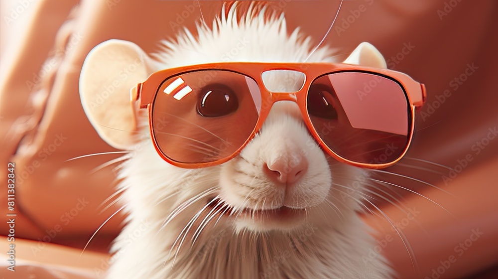 Rat with glasses. Close-up portrait of a rat. An anthopomorphic creature. A fictional character for advertising and marketing. Humorous character for graphic design.