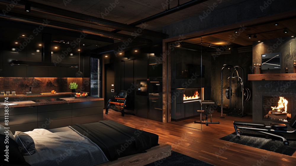luxury studio apartment with a free layout in a loft style in dark colors. Stylish modern kitchen area with an island, cozy bedroom area with fireplace and personal gym luxury studio apartment with a free layout in a loft style in dark colors. Stylish modern kitchen area with an island, cozy bedroom area with fireplace and personal gym