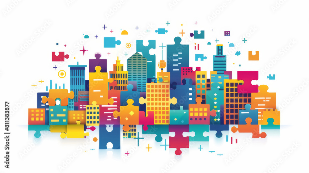 Illustration of a vibrant urban skyline composed of jigsaw puzzle pieces, symbolizing city complexity and diversity.