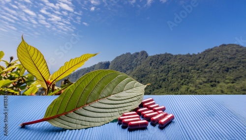 mitragyna speciosa kratom leaves with medicinal products in the form of capsules under blue sky with natural outdoors as the background photo