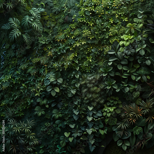 A dark green wall covered with healthy vegetation texture in various types of green plants and foliage  with different shades and textures