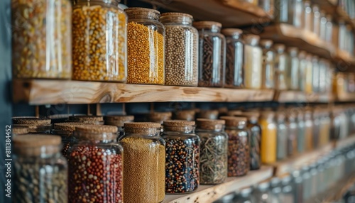 A banner image of a neatly arranged shelf of grain jars in a pantry, with copyspace for text at the top © Nawarit