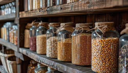 A banner image of a neatly arranged shelf of grain jars in a pantry, with copyspace for text at the top