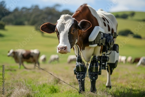 A hybrid cow with robotic limbs is grazing in a sunny, vibrant green pasture photo