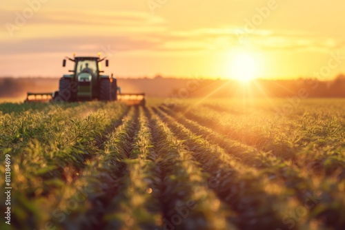 A tractor actively working on an agricultural field at sunset, portraying farm machinery and crop production