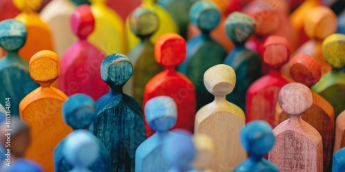 A multitude of painted, colored wooden figures standing closely symbolize societal diversity and individuality photo