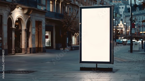 Blank vertical street billboard poster stand on city street at night.