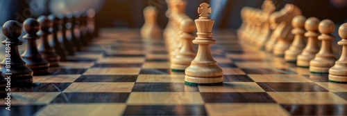 Chessboard with focus on the king standing amidst pawns and other pieces, depicting strategy and leadership photo