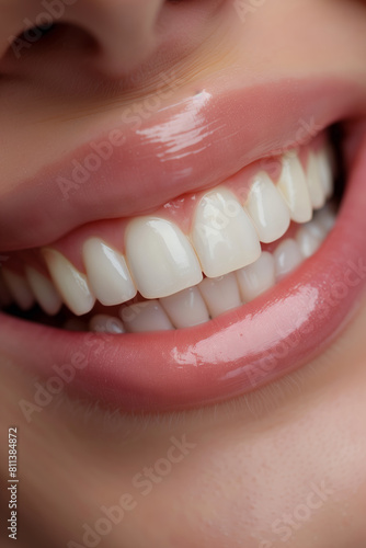 Ultra close-up image capturing the glossy texture of lips and the immaculate white teeth of a cheerful smile