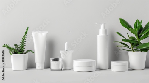 Set of cosmetic products and green plants on white background 