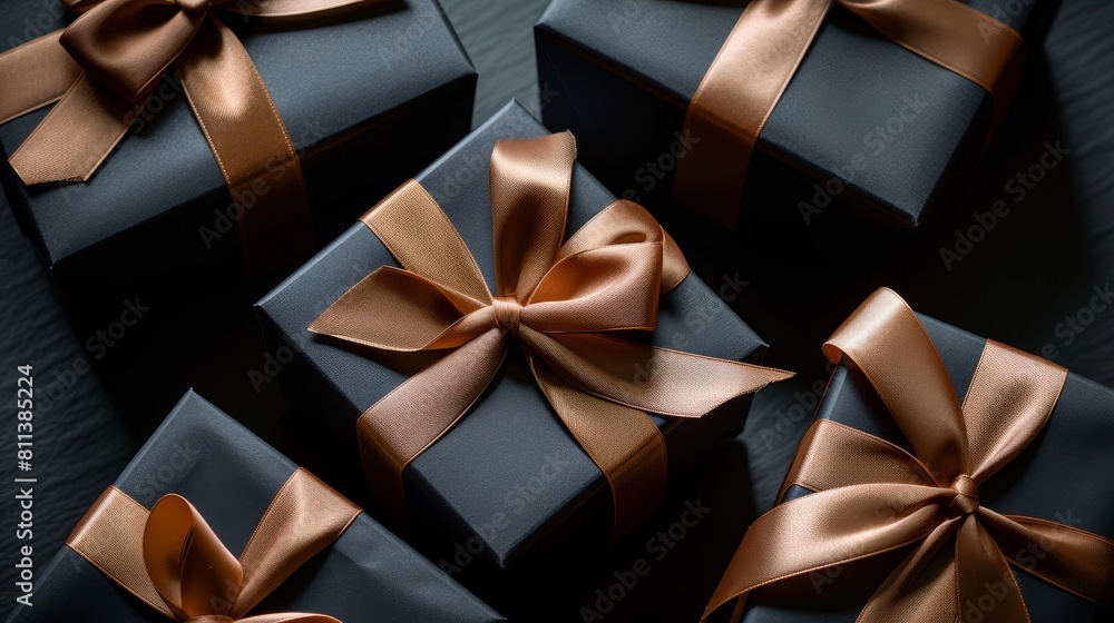 Black gift boxes with golden ribbon on a black background, top view banner for Black Friday sale or special event In the style of Black gift boxes with golden ribbon on a black background, top view banner for Black Friday sale or special event In the style of