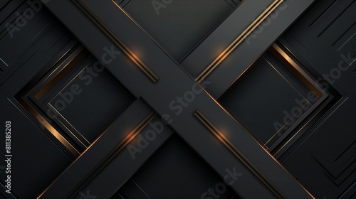 Black background with two metallic Xshaped metal panels with thin golden lines