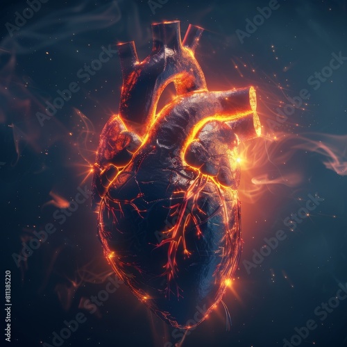 Life glowing inside human heart, heart pulse concept. A digital artwork of a human heart composed of tiny particles resembling an astronomical object. The image combines art and science, creating a me