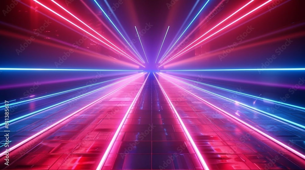 Red, blue and purple light rays in the background with neon glowing lines for an abstract futuristic design Red, blue and purple light rays in the background with neon glowing lines for an abstract futuristic design