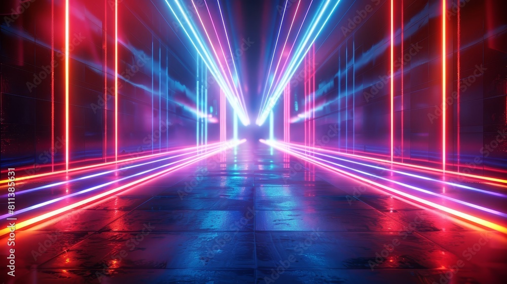 Red, blue and purple light rays in the background with neon glowing lines for an abstract futuristic design Red, blue and purple light rays in the background with neon glowing lines for an abstract futuristic design