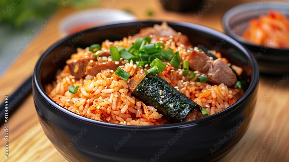 Korean mixed rice with meat with boiled pork wrap and seaweed roll. Generative Ai Korean mixed rice with meat with boiled pork wrap and seaweed roll. Generative Ai