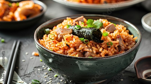 Korean mixed rice with meat with boiled pork wrap and seaweed roll. Generative Ai