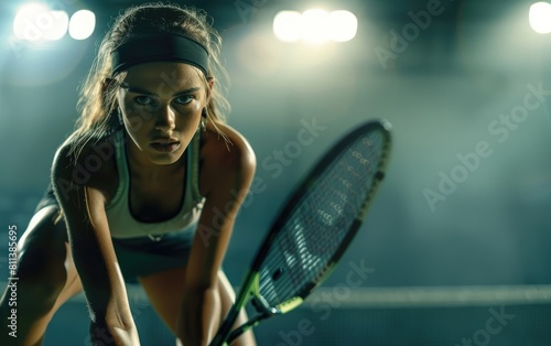 Focused female tennis player in a ready stance with a racket.