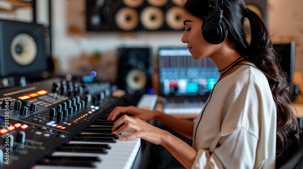 Young girl learns music production with consoles and MIDI keyboards to create music and beats Young girl learns music production with consoles and MIDI keyboards to create music and beats