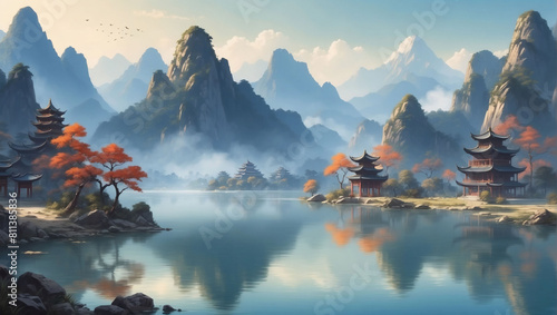 Chinese Landscape, Serene lakes and mountains in elegant print.
