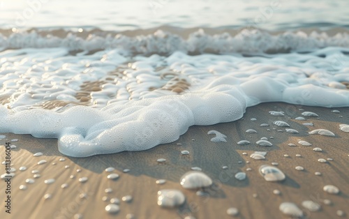 Gentle wave foams over soft sandy beach.