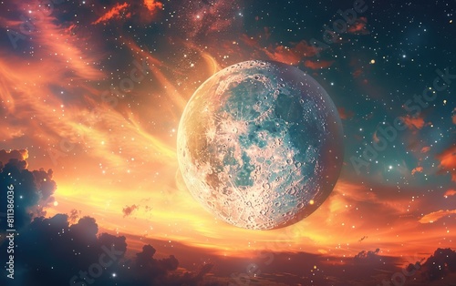 Giant moon over vibrant sunset sky with twinkling stars.