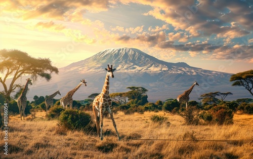 Giraffes grazing with Mount Kilimanjaro in the background.